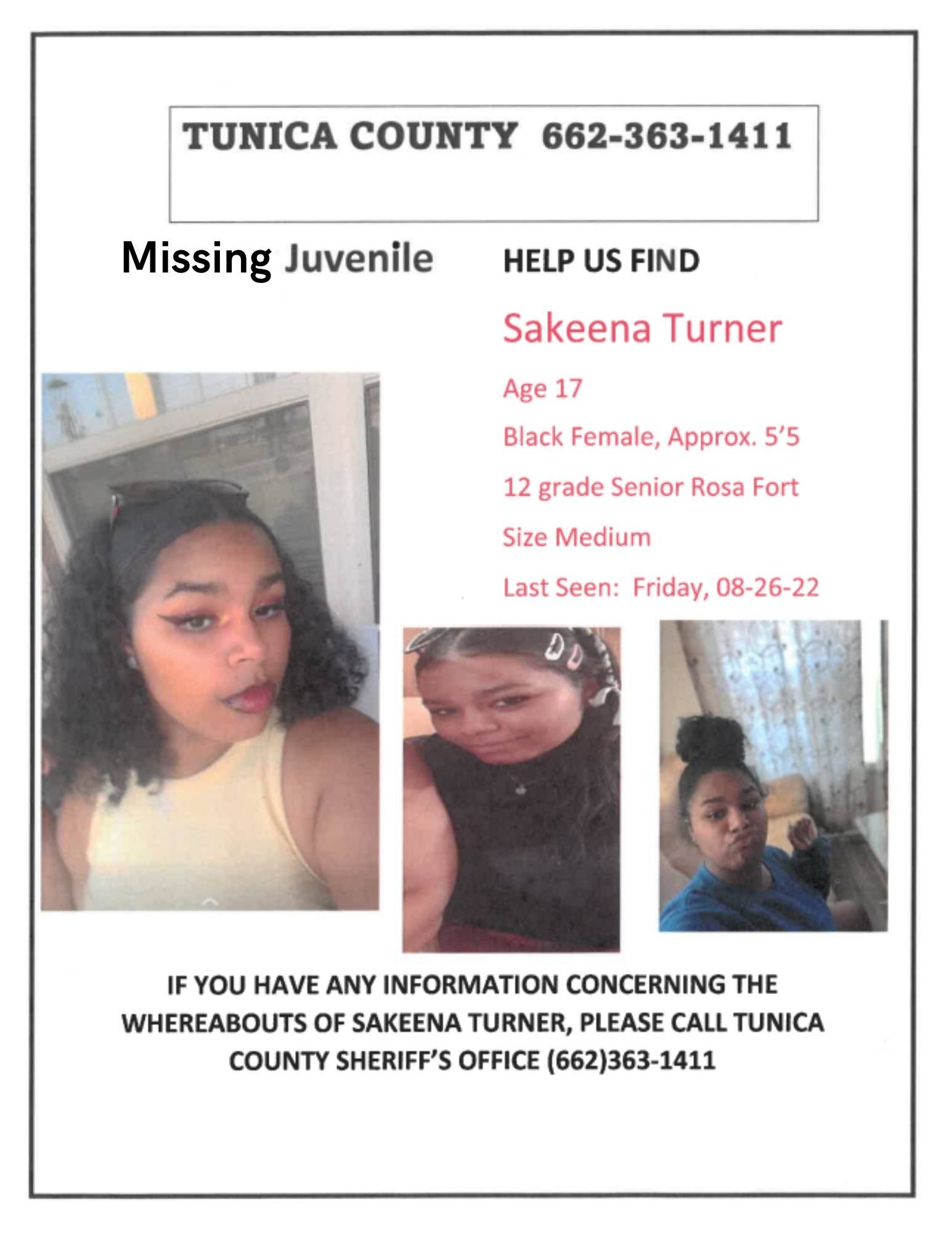 Missing persons poster for Sakeena Turner